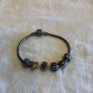 Pandora Silver Charm Bracelet with Heart and Bead Accents